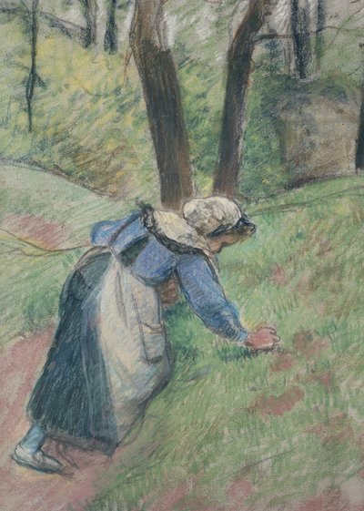 Boerin die het gras wiedt door Camille Jacob Pissarro